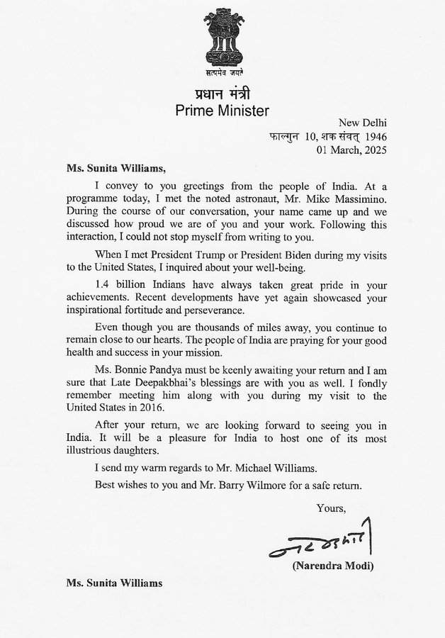 A Nation’s Heartfelt Call: PM Modi’s Warm Invitation to Sunita Williams Shines Through in This Touching Letter