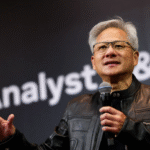 Jensen Huang, CEO of Nvidia, speaking at a press conference about AI and chip export policy.