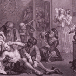 Illustration of the Bethlem Royal Hospital in the 17th century, with visitors observing patients in crowded, chaotic conditions.