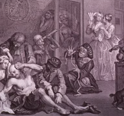 Illustration of the Bethlem Royal Hospital in the 17th century, with visitors observing patients in crowded, chaotic conditions.