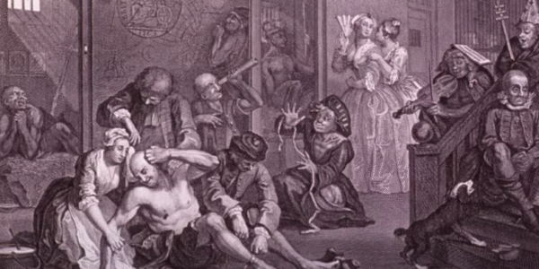Illustration of the Bethlem Royal Hospital in the 17th century, with visitors observing patients in crowded, chaotic conditions.
