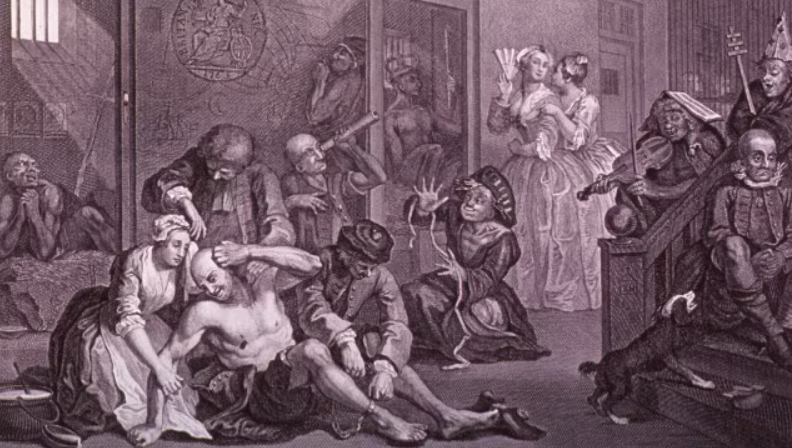 Illustration of the Bethlem Royal Hospital in the 17th century, with visitors observing patients in crowded, chaotic conditions.
