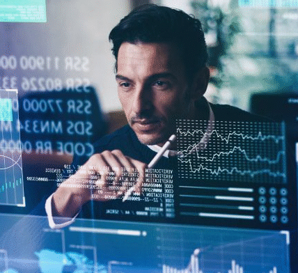 An executive analyzing real-time business data on a tablet with AI-driven insights overlaid.