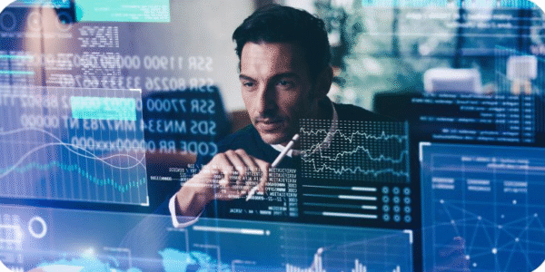 An executive analyzing real-time business data on a tablet with AI-driven insights overlaid.