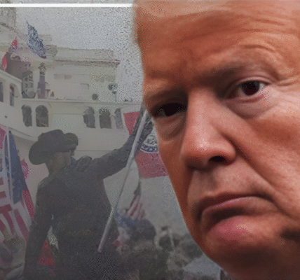 A political leader speaking at a campaign rally, surrounded by cameras and flashing media screens in a digitally staged environment