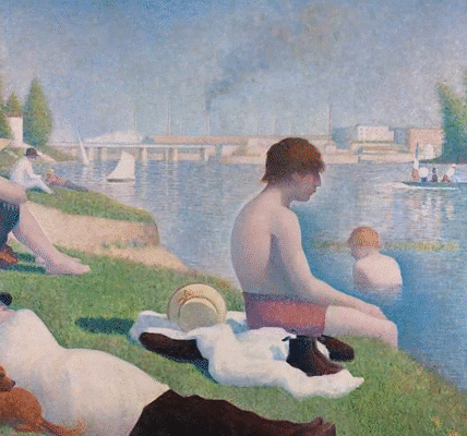 Georges Seurat’s Bathers at Asnières, 1884 – workers relaxing by the Seine, an iconic post-Impressionist painting exploring light and color.
