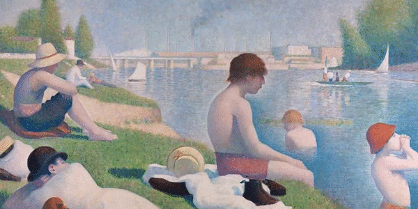 Georges Seurat’s Bathers at Asnières, 1884 – workers relaxing by the Seine, an iconic post-Impressionist painting exploring light and color.