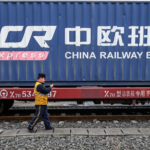China-Europe freight train transporting containers across Eurasian rail network