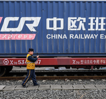 China-Europe freight train transporting containers across Eurasian rail network