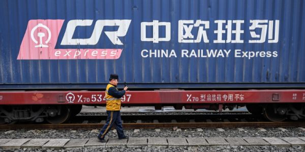 China-Europe freight train transporting containers across Eurasian rail network
