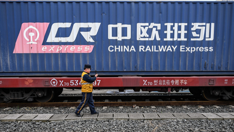China-Europe freight train transporting containers across Eurasian rail network