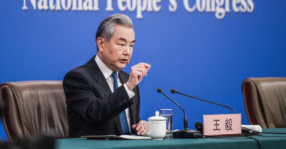 Chinese Foreign Minister Wang Yi speaking at a press conference during China’s Two Sessions in Beijing, March 8, 2026.