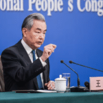 Chinese Foreign Minister Wang Yi speaking at a press conference during China’s Two Sessions in Beijing, March 8, 2026.