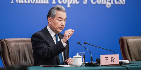 Chinese Foreign Minister Wang Yi speaking at a press conference during China’s Two Sessions in Beijing, March 8, 2026.