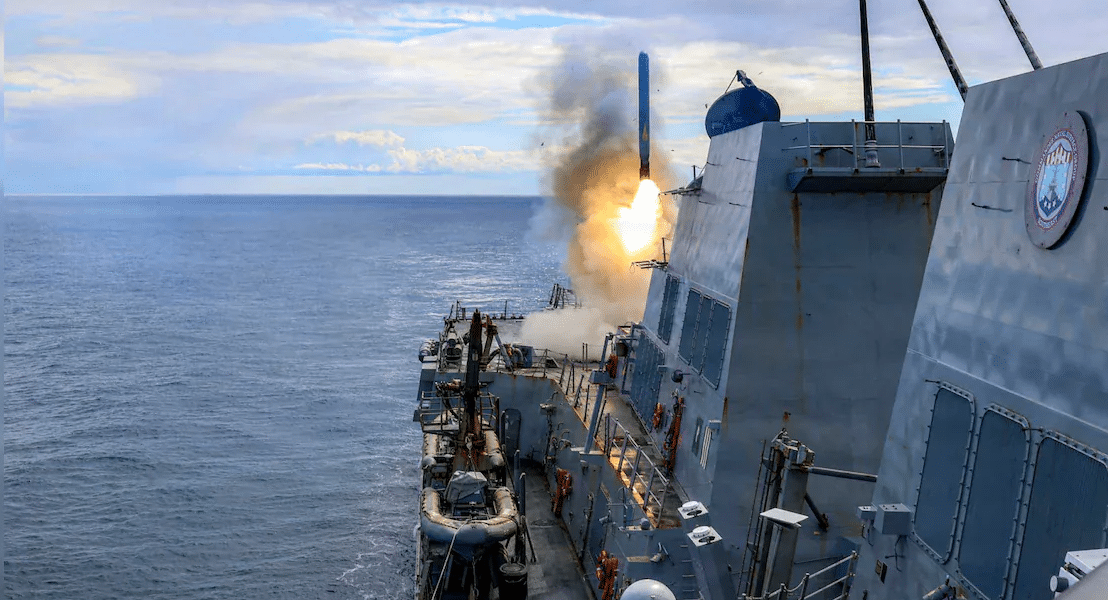 US military missile launch during Iran conflict showing Tomahawk cruise missile and Patriot air defense system usage