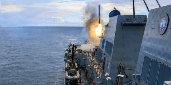 US military missile launch during Iran conflict showing Tomahawk cruise missile and Patriot air defense system usage